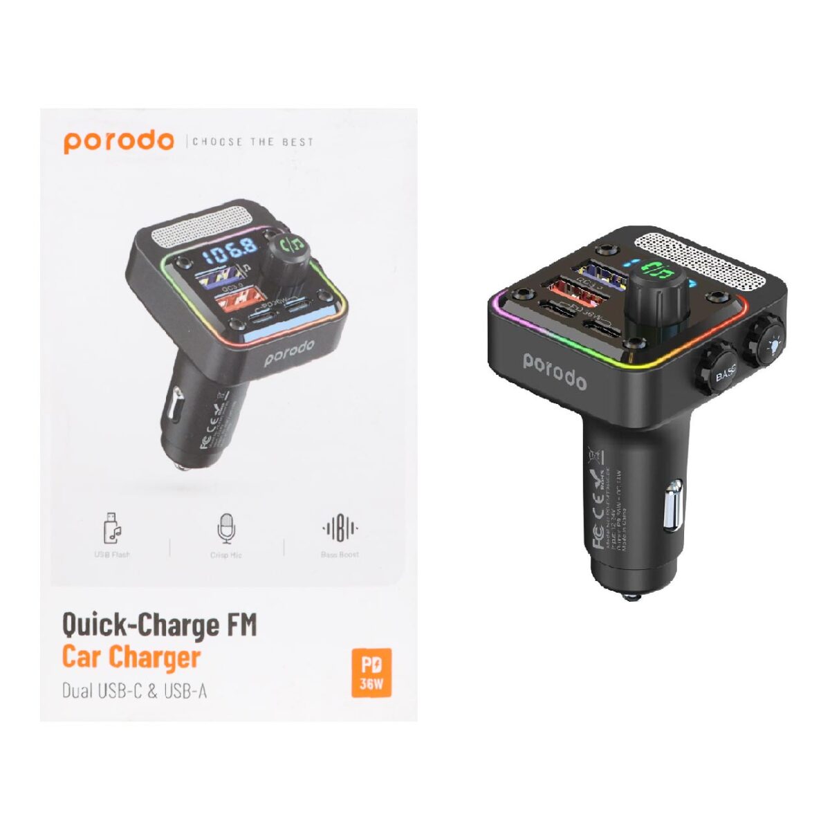 شارژر فندکی PD و فست چهار پورت و گیرنده بلوتوثی Porodo مدل PD-FMT36W-BK - مشکی (گارانتی 24 ماهه ایویز)