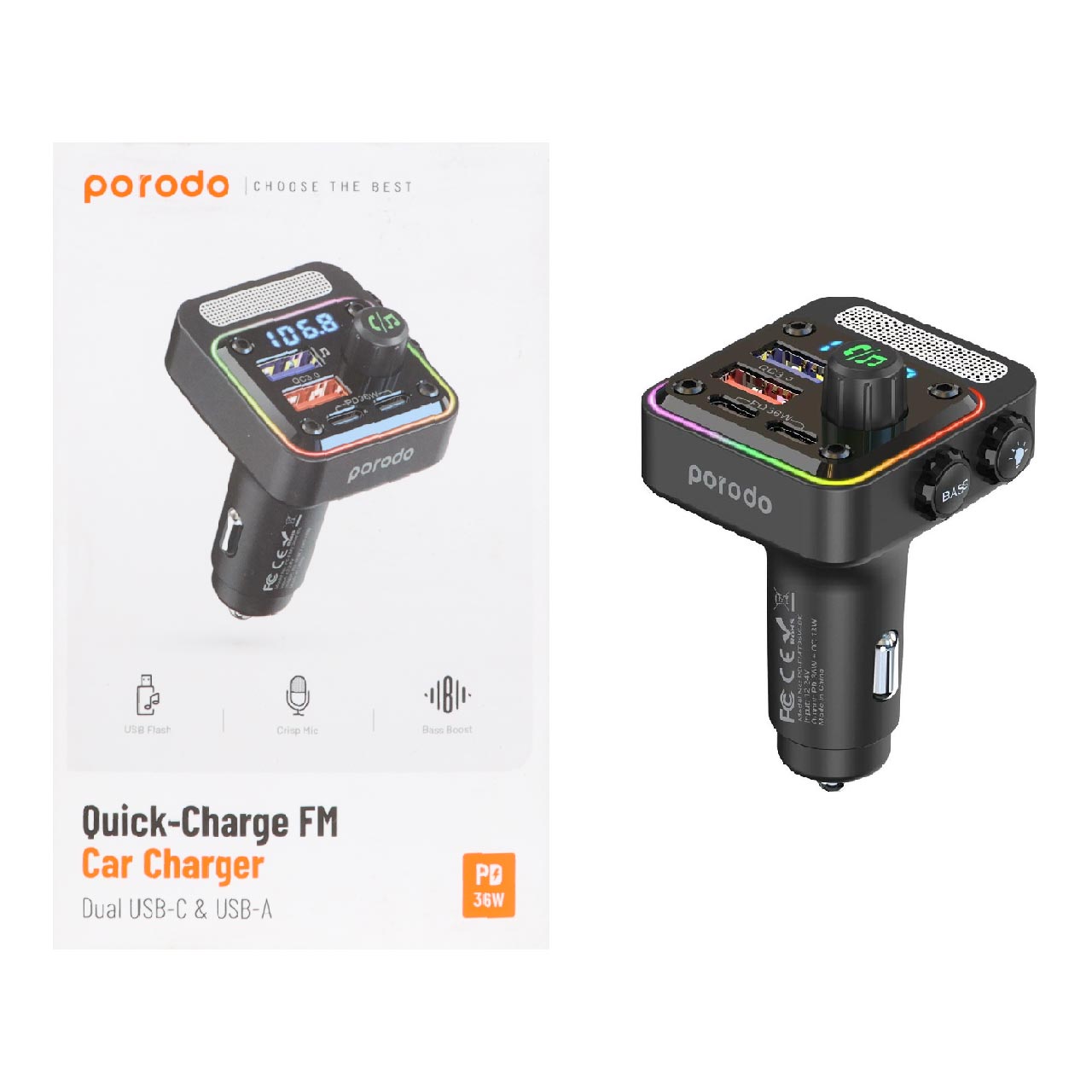شارژر فندکی PD و فست چهار پورت و گیرنده بلوتوثی Porodo مدل PD-FMT36W-BK - مشکی (گارانتی 24 ماهه ایویز)